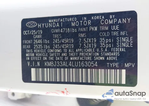 2020 Hyundai Tucson Sport from USA, damaged, VIN KM8J33AL4LU163054